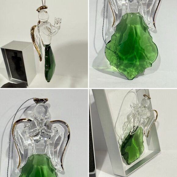 Glass Angel Ornament Green Crystal Gold Trim Praying Figurine Gift Boxed - Picture 7 of 16